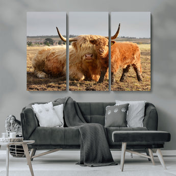 53461-MGV-CV-36X24-Highland Cow Family Wall Art – Rustic Farmhouse Animal Canvas Print, Country Decor for Living Room, Bedroom or Office, Calf and