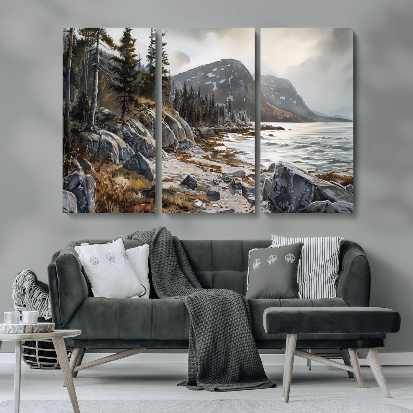41281-MGV-CV-36X24-Rocky Shoreline Wall Art – Panoramic Mountain Coast and Forest Canvas Print, Rustic Nature Landscape Decor for Cabin, Lodge, or