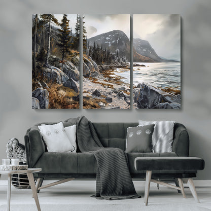 41281-MGV-CV-36X24-Rocky Shoreline Wall Art – Panoramic Mountain Coast and Forest Canvas Print, Rustic Nature Landscape Decor for Cabin, Lodge, or