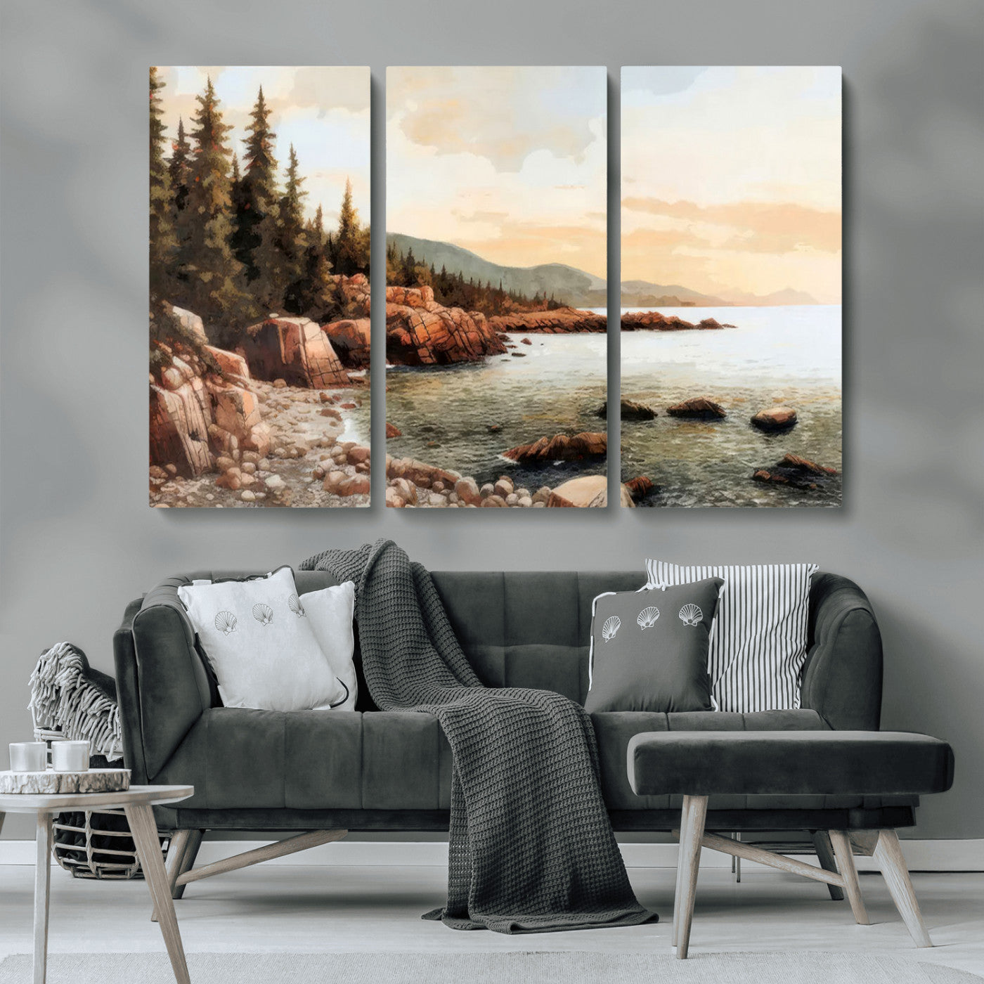 77145-MGV-CV-36X24-Coastal Landscape Wall Art – Panoramic Rocky Shoreline and Pine Trees Canvas Print, Rustic Nature Decor for Cabin, Lodge, Office,