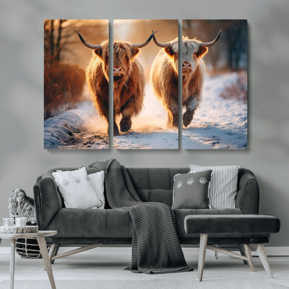 50490-MGV-CV-36X24-Highland Cow Wall Art – Rustic Panoramic Canvas Print Two Cattle Snowy Landscape, Farmhouse Country Decor for Living Room Office