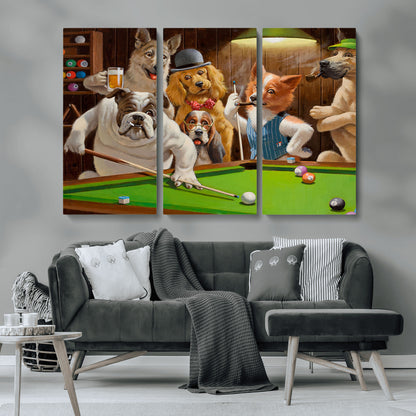 34228-MGV-CV-36X24-Dogs Playing Pool Wall Art Canvas Print, Framed Funny Dog Art Picture Print, Dog Perfect Game Room Decor Artwork