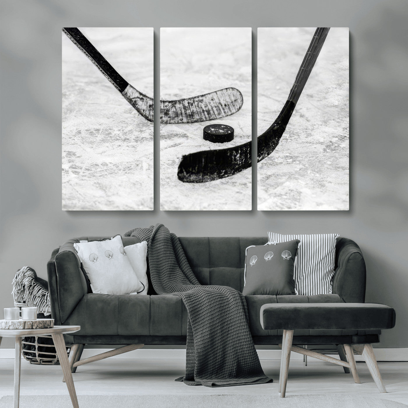 82900-MGV-CV-36X24-Hockey Wall Art – Black and White Canvas Print Ice Rink Sticks Puck Sports Photography, Modern Decor for Game Room, Man Cave,
