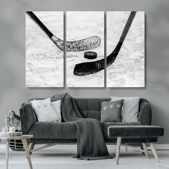 82900-MGV-CV-36X24-Hockey Wall Art – Black and White Canvas Print Ice Rink Sticks Puck Sports Photography, Modern Decor for Game Room, Man Cave,