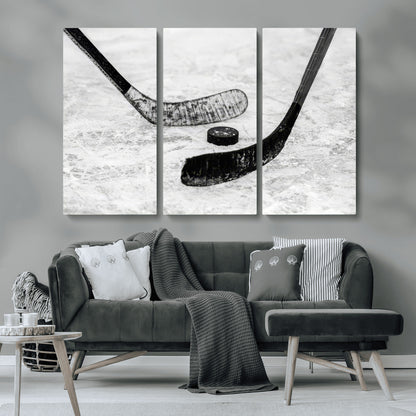 82900-MGV-CV-36X24-Hockey Wall Art – Black and White Canvas Print Ice Rink Sticks Puck Sports Photography, Modern Decor for Game Room, Man Cave,