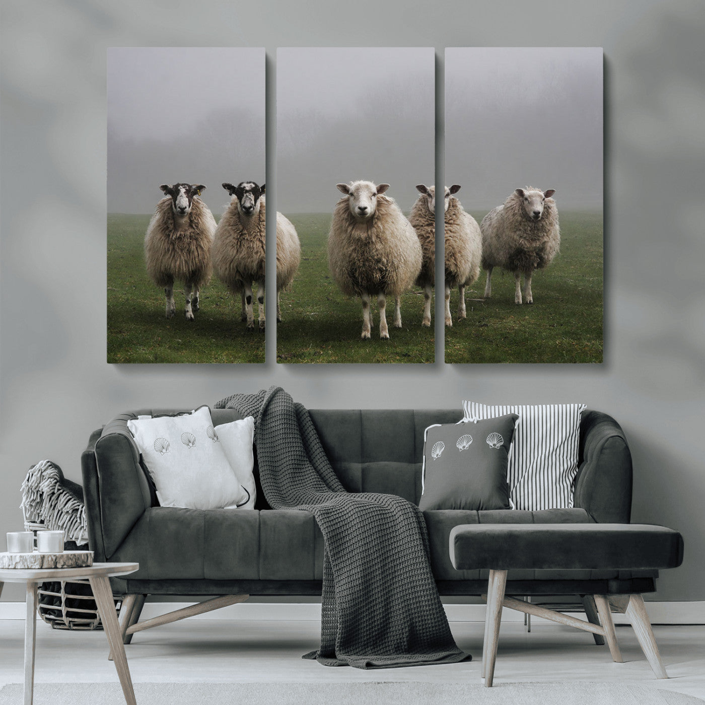 87339-MGV-CV-36X24-Sheep Wall Art – Rustic Farmhouse Canvas Print Flock Standing Misty Field Countryside Photography, Country Animal Decor for Living