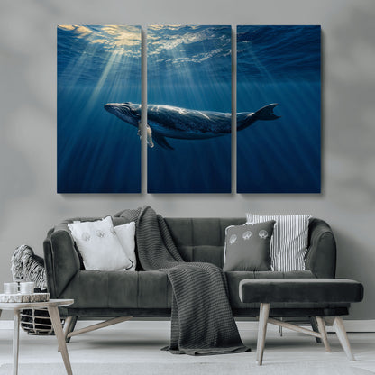 18052-MGV-CV-36X24-Whale Wall Art – Majestic Ocean Canvas Print Marine Life Underwater Sunlight Scene, Nautical Coastal Decor for Living Room,