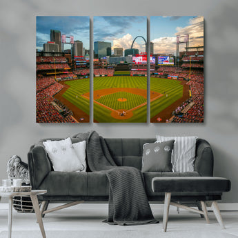 91908-MGV-CV-36X24-Baseball Stadium Wall Art – Canvas Print Game Day Field City Skyline Iconic Arch Scene Sports Photography, Decor for Game Room,