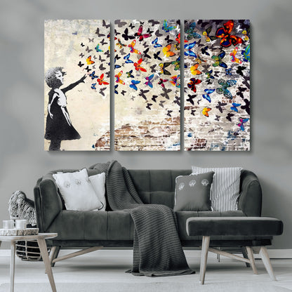 97895-MGV-CV-36X24-Girl with Butterflies Wall Art – Colorful Street Art Style Canvas Print, Modern Graffiti-Inspired Butterfly Artwork for Living