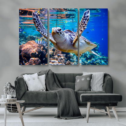 12683-MGV-CV-36X24-Sea Turtle Wall Art – Graceful Ocean Canvas Print with Coral Reef and Tropical Fish, Coastal Marine Life Decor for Beach House,