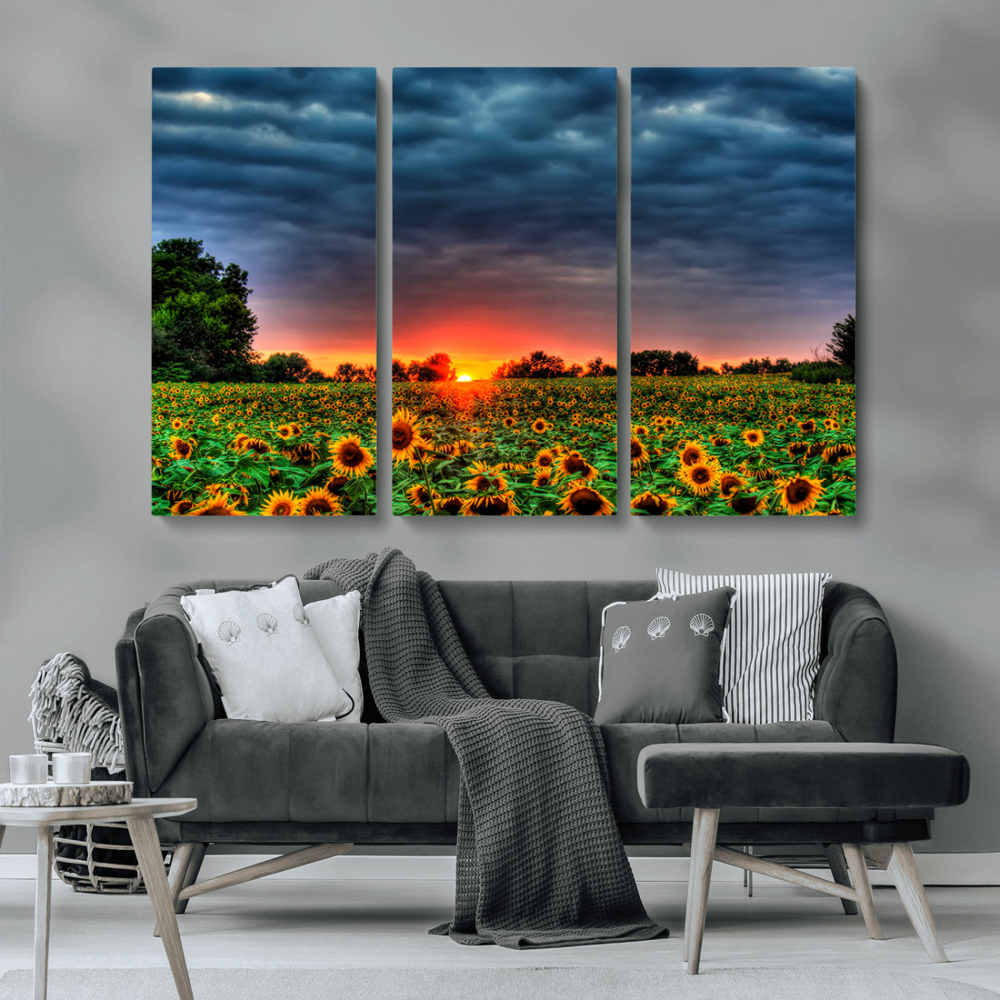 45045-MGV-CV-36X24-Sunflower Field Sunset Wall Art – Dramatic Stormy Sky Landscape Print, Vibrant Yellow Floral Nature Canvas for Living Room,