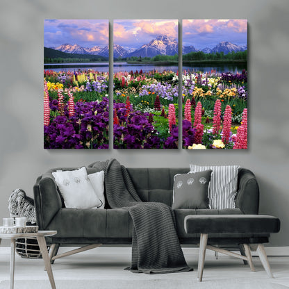 82270-MGV-CV-36X24-Colorful Wildflower Meadow Landscape Wall Art – Snow-Capped Mountain Lake Sunset Print, Vibrant Nature Artwork for Living Room,