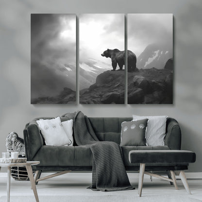 49504-MGV-CV-36X24-Black and White Grizzly Bear Wall Art – Wilderness Wildlife Painting, Rustic Mountain Cabin Decor, Monochrome Animal Print for