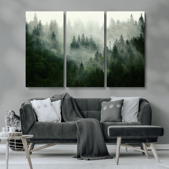167720496-MGV-CV-36X24-Misty Forest Wall Art – Serene Evergreen Trees Canvas Print, Foggy Mountain Nature Landscape Decor for Bedroom, Living Room or