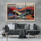 49228-MGV-FC-93X47-3P_Black-Kusama Wall Art – Vibrant Japanese Landscape Canvas Print, Modern Abstract Mountain and River Decor for Living Room, Office or Art