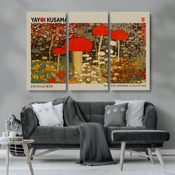 38013-MGV-CV-36X24-Yayoi Kusama Inspired Mushroom Garden Wall Art – Whimsical Botanical Canvas Print, Surreal Nature Poster, Fantasy Floral Artwork