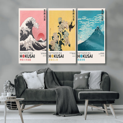 Katsushika-MGV-CV-36X24-Katsushika Hokusai Wall Art Set – The Great Wave, Hydrangea and Swallow, Fine Wind Canvas Prints, Japanese Ukiyo e Style Home and