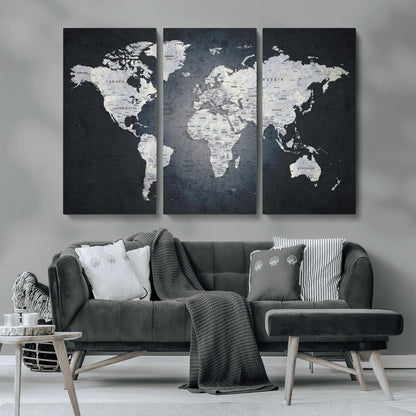19124-MGV-CV-36X24-Modern World Map Wall Art – Black and White Canvas Print, Minimalist Global Map Decor for Office, Study, Bedroom or Living Room
