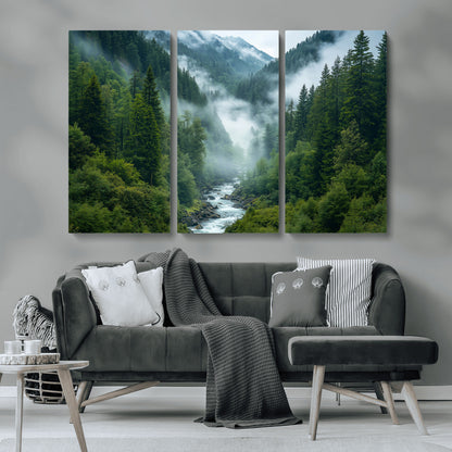 69453-MGV-CV-36X24-Mountain Forest Wall Art – Misty River and Evergreen Landscape Canvas Print, Nature Photography Poster for Living Room, Bedroom,