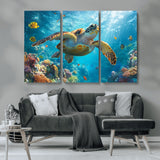 37623-MGV-CV-36X24-Sea Turtle Wall Art – Underwater Ocean Canvas Print with Coral Reef and Tropical Fish, Marine Life Painting Poster for Living