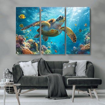 37623-MGV-CV-36X24-Sea Turtle Wall Art – Underwater Ocean Canvas Print with Coral Reef and Tropical Fish, Marine Life Painting Poster for Living