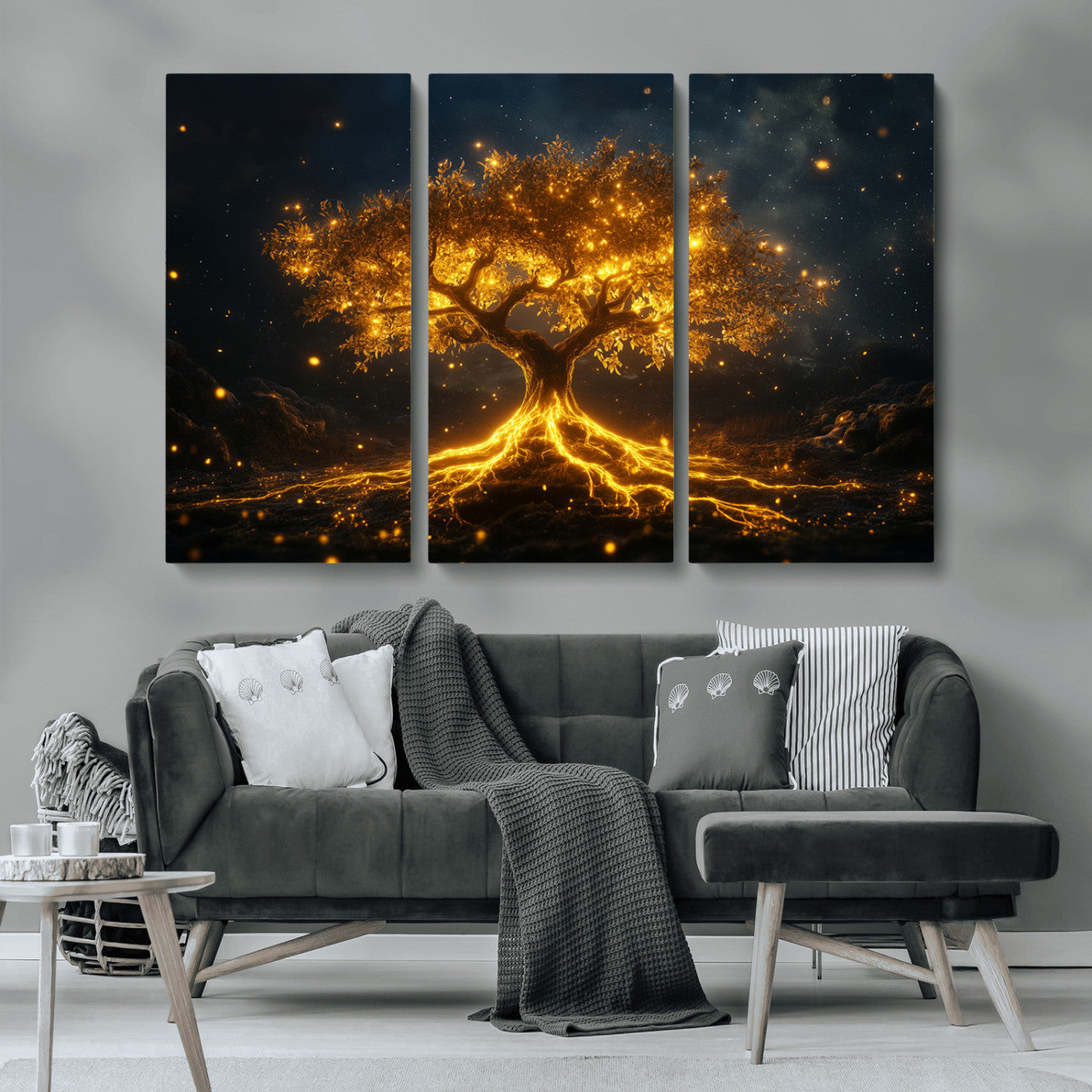 60194-MGV-CV-36X24-Glowing Tree Wall Art – Golden Roots Fantasy Canvas Print, Mystical Illuminated Tree Painting Poster for Living Room, Bedroom,