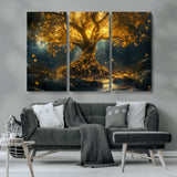 92739-MGV-CV-36X24-Glowing Tree Wall Art – Enchanted Golden Forest Canvas Print, Mystical Illuminated Nature Painting Poster for Living Room,