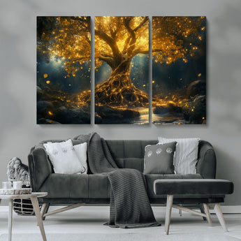 92739-MGV-CV-36X24-Glowing Tree Wall Art – Enchanted Golden Forest Canvas Print, Mystical Illuminated Nature Painting Poster for Living Room,