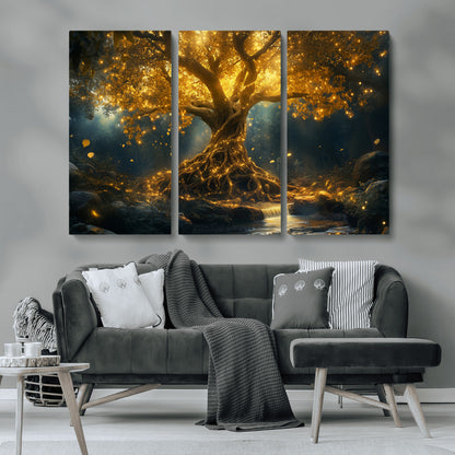 92739-MGV-CV-36X24-Glowing Tree Wall Art – Enchanted Golden Forest Canvas Print, Mystical Illuminated Nature Painting Poster for Living Room,