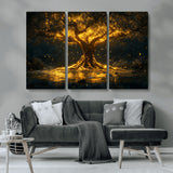 59580-MGV-CV-36X24-Glowing Tree Wall Art – Golden Fantasy Nature Canvas Print, Mystical Illuminated Tree Painting Poster for Living Room, Bedroom,
