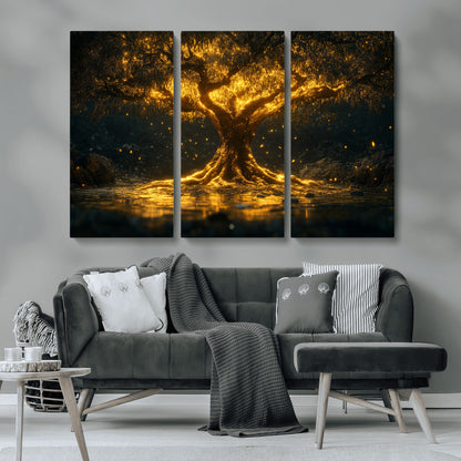 59580-MGV-CV-36X24-Glowing Tree Wall Art – Golden Fantasy Nature Canvas Print, Mystical Illuminated Tree Painting Poster for Living Room, Bedroom,