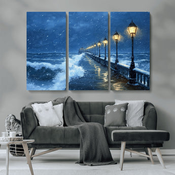 32668-MGV-CV-36X24-Stormy Pier Wall Art – Ocean Waves and Street Lamps Canvas Print, Rainy Night Seascape Oil Painting Poster for Living Room,
