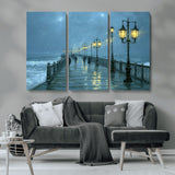 79606-MGV-CV-36X24-Rainy Pier Night Wall Art – Ocean Waves and Street Lamps Canvas Print, Moody Seascape Oil Painting Poster for Living Room,
