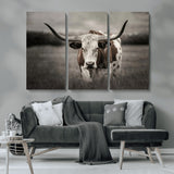 69238-MGV-CV-36X24-Longhorn Bull Wall Art – Rustic Black and White Texas Cattle Canvas Print, Western Farmhouse Animal Photography for Living Room,