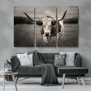 69238-MGV-CV-36X24-Longhorn Bull Wall Art – Rustic Black and White Texas Cattle Canvas Print, Western Farmhouse Animal Photography for Living Room,