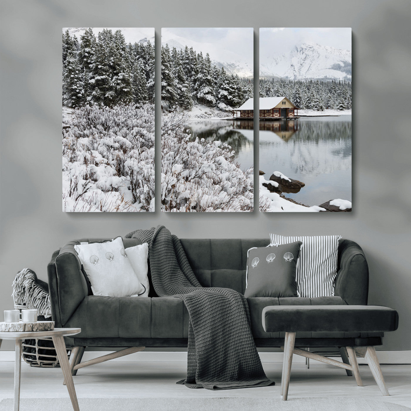 94285-MGV-CV-36X24-Snowy Cabin Wall Art Canvas Print, Framed Winter Cabin Art Picture Print, Mountain Lake Perfect Snowy Nature Decor Artwork