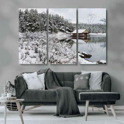 94285-MGV-CV-36X24-Snowy Cabin Wall Art Canvas Print, Framed Winter Cabin Art Picture Print, Mountain Lake Perfect Snowy Nature Decor Artwork