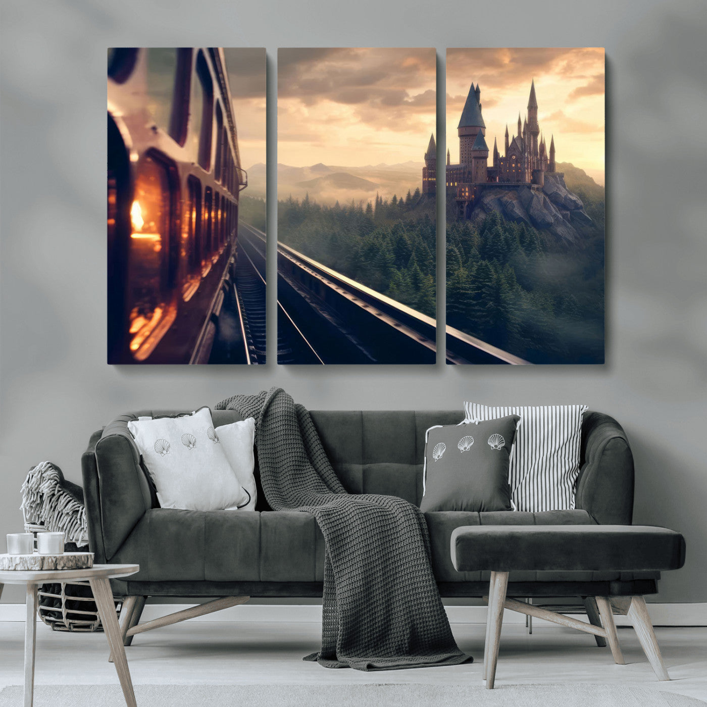 84029-MGV-CV-36X24-Fantasy Castle Wall Art – Magical Train Sunset Forest Canvas Print, Enchanted Landscape Painting Poster for Living Room, Bedroom,