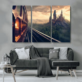84029-MGV-CV-36X24-Fantasy Castle Wall Art – Magical Train Sunset Forest Canvas Print, Enchanted Landscape Painting Poster for Living Room, Bedroom,