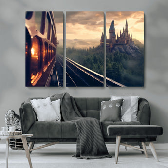 84029-MGV-CV-36X24-Fantasy Castle Wall Art – Magical Train Sunset Forest Canvas Print, Enchanted Landscape Painting Poster for Living Room, Bedroom,