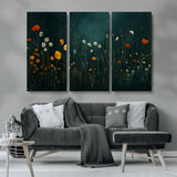 87037-MGV-CV-36X24-Wildflower Wall Art – Dark Botanical Floral Canvas Print, Modern Nature Painting Poster with Daisies Poppies Orange Flowers for