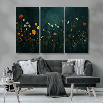 87037-MGV-CV-36X24-Wildflower Wall Art – Dark Botanical Floral Canvas Print, Modern Nature Painting Poster with Daisies Poppies Orange Flowers for