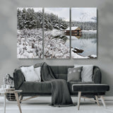 29975-MGV-CV-36X24-Winter Cabin by the Lake Wall Art – Snowy Mountain Landscape Canvas Print, Rustic Lodge Cabin Decor for Cozy Living Room, Bedroom