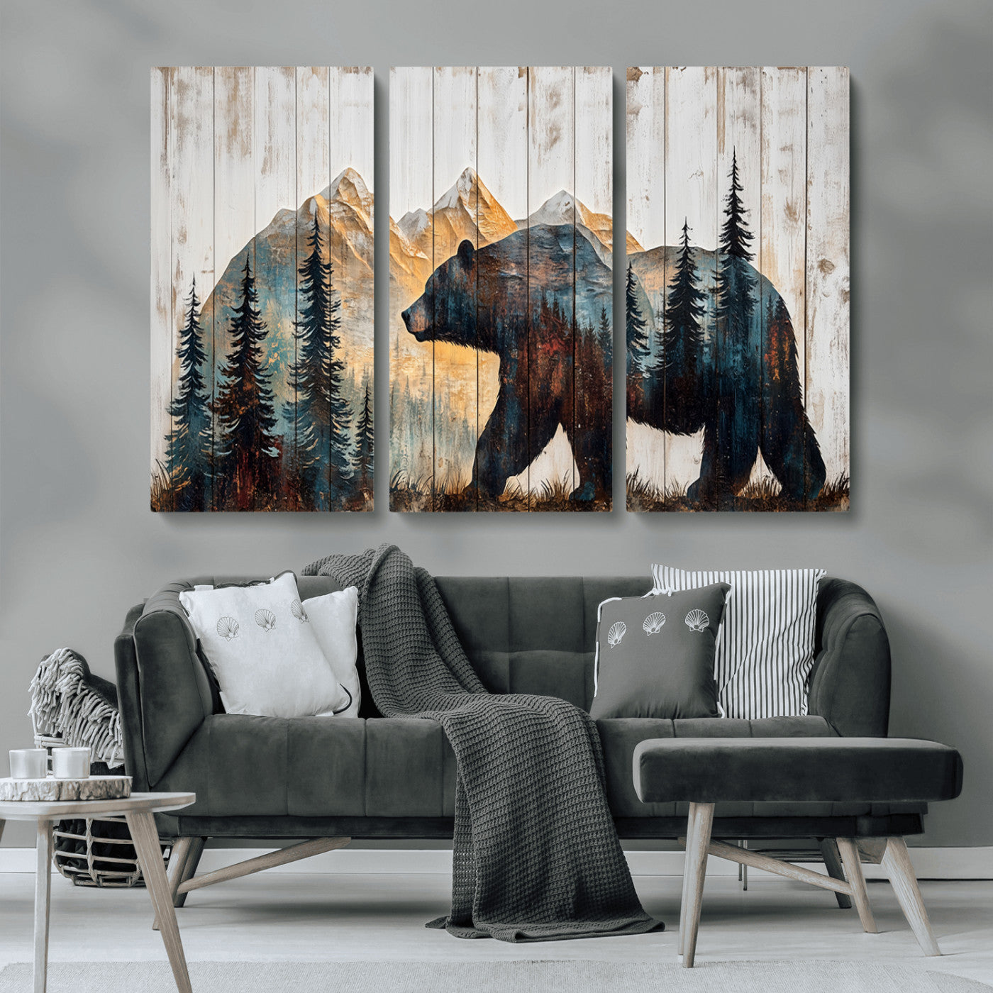 90077-MGV-CV-36X24-Wood Grizzly Bear Wall Art Canvas Print, Framed Abstract Bear Art Picture Print, Bear in Forest Perfect Rustic Lodge Decor Artwork
