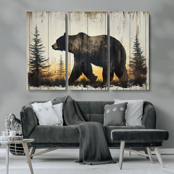 83875-MGV-CV-36X24-Sunset Bear Wall Art – Rustic Wildlife Canvas Print with Forest Silhouette, Cabin Lodge Decor for Living Room or Office