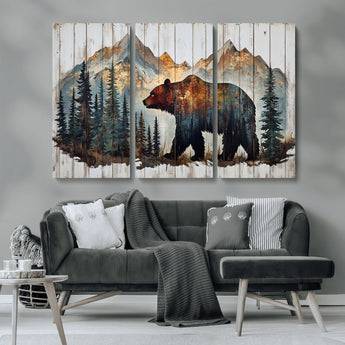 55777-MGV-CV-36X24-Rustic Bear Wall Art Canvas Print, Framed Mountain and Forest Art Picture Print, Wooden Bear Perfect Rustic Lodge Decor Artwork