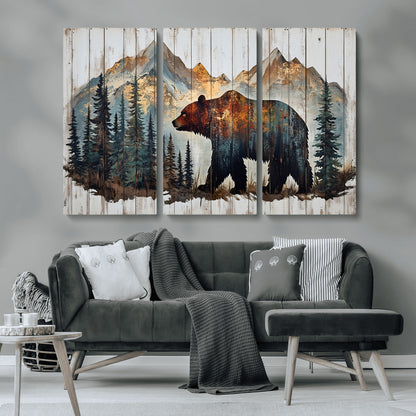 55777-MGV-CV-36X24-Rustic Bear Wall Art Canvas Print, Framed Mountain and Forest Art Picture Print, Wooden Bear Perfect Rustic Lodge Decor Artwork