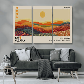 88180-MGV-CV-36X24-Yayoi Kusama Landscape Wall Art – Abstract Dotted Mountain Canvas Print, Retro Sun Poster for Modern Living Room, Office or