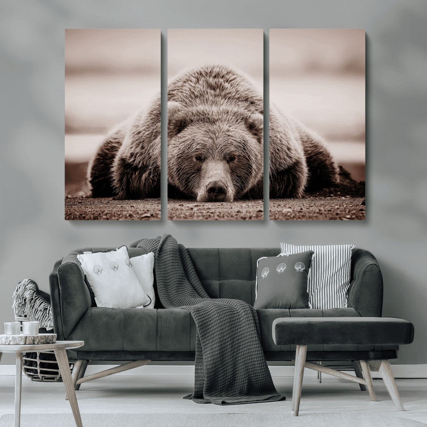 20611-MGV-CV-36X24-Grizzly Bear Wall Art – Majestic Wildlife Sepia Canvas Print, Rustic Nature Animal Artwork for Cabin, Lodge, Living Room, Bedroom,