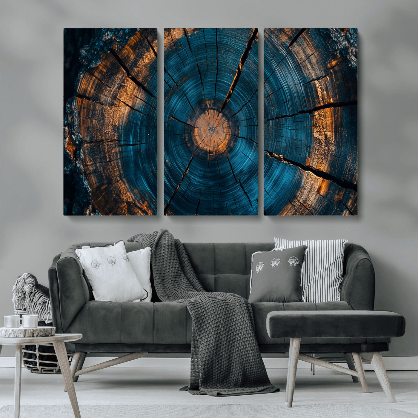 65231-MGV-CV-36X24-Blue and Gold Tree Ring Wall Art – Rustic Abstract Wood Slice Canvas Print, Modern Nature Inspired Artwork for Living Room,